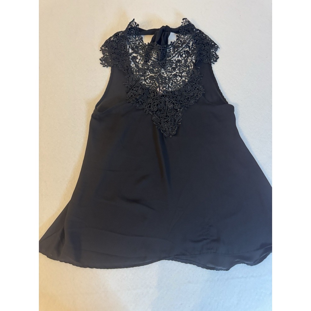 Nella Fantasia Black Halter Top Crochet Lace Neckline Blouse Made USA NFT-1261